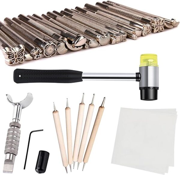 Leather Stamping Tools Kit,Leather Different Shape Saddle Making Stamp Punch Set,Leather Carving Tools Kit with Leather Working Hammer, Swivel Knife,Tracing Paper and Tracing Pen