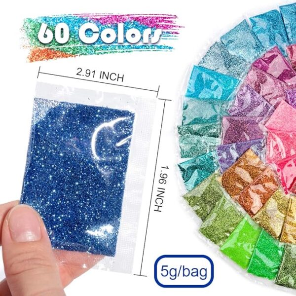 Fine Glitter, 300g 60 Colors Extra Fine Resin Glitter Packs, Arts Craft Glitter for Tumblers Festival Decoration, Eyeshadow Makeup Nail Art Body Face Glitter, 5g Each Bag - Image 2